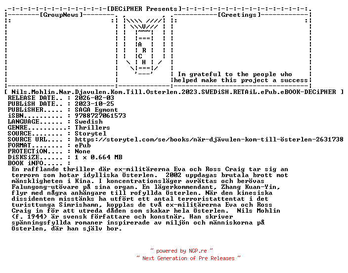 NFO for the release Nils.Mohlin.Nar.Djavulen.Kom.Till.Osterlen.2023.SWEDiSH.RETAiL.ePub.eBOOK-DECiPHER by DECiPHER