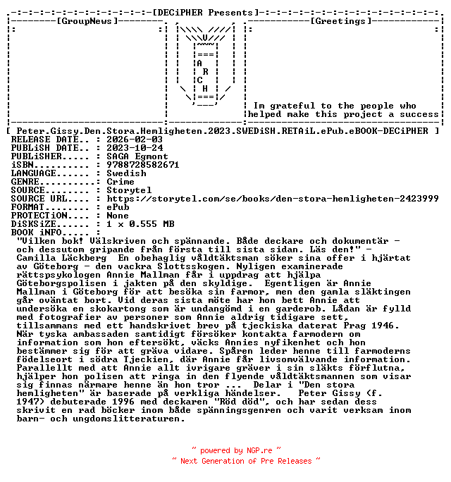 NFO for the release Peter.Gissy.Den.Stora.Hemligheten.2023.SWEDiSH.RETAiL.ePub.eBOOK-DECiPHER by DECiPHER