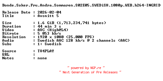 NFO for the release Bonde.Soker.Fru.Andra.Sommaren.S02E05.SWEDiSH.1080p.WEB.h264-INGRID by INGRID