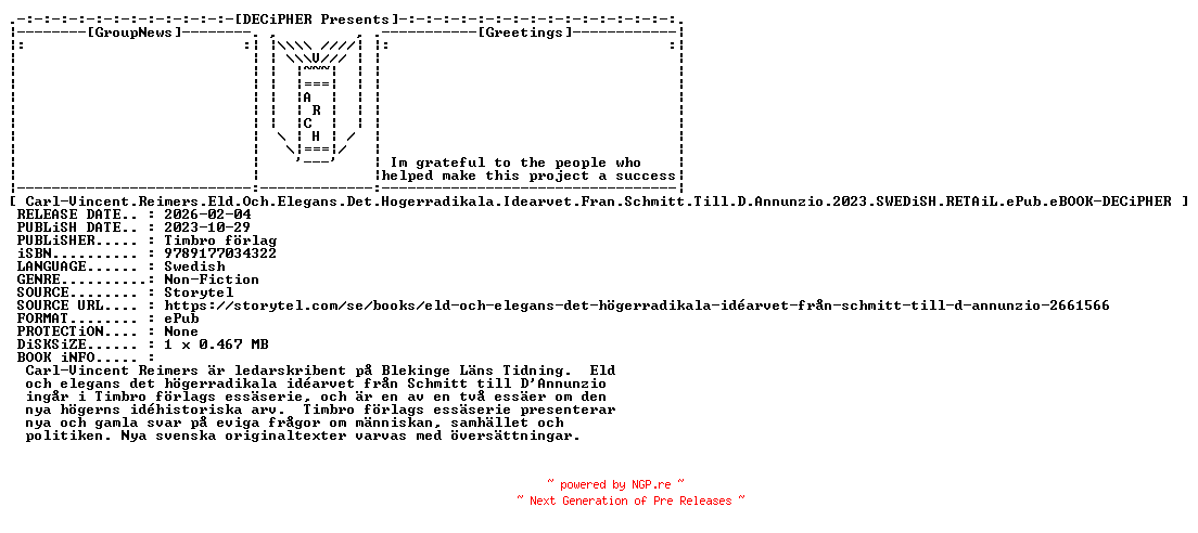 NFO for the release Carl.Vincent.Reimers.Eld.Och.Elegans.Det.Hogerradikala.Idearvet.Fran.Schmitt.Till.D.Annunzio.2023.SWEDiSH.RETAiL.ePub.eBOOK-DECiPHER by DECiPHER