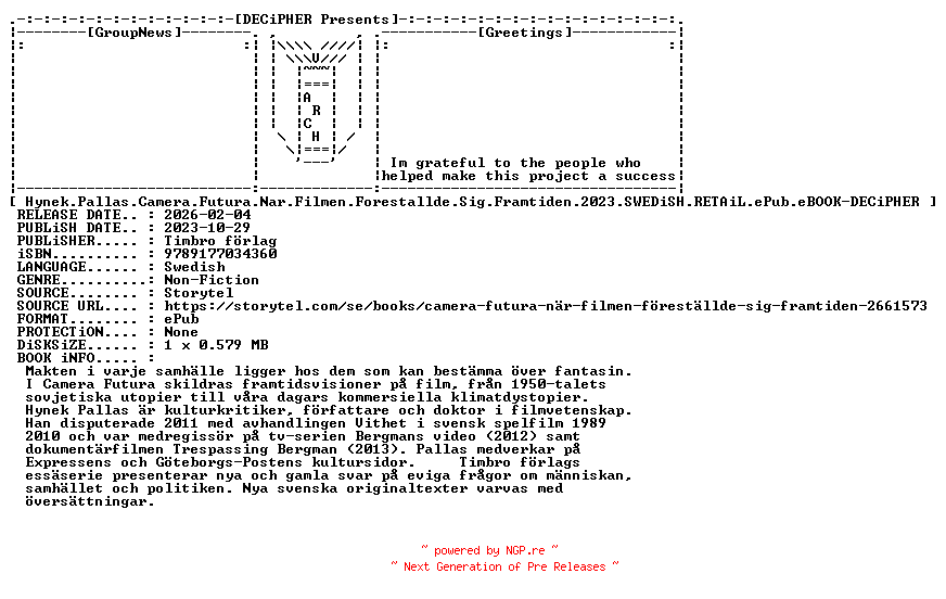 NFO for the release Hynek.Pallas.Camera.Futura.Nar.Filmen.Forestallde.Sig.Framtiden.2023.SWEDiSH.RETAiL.ePub.eBOOK-DECiPHER by DECiPHER
