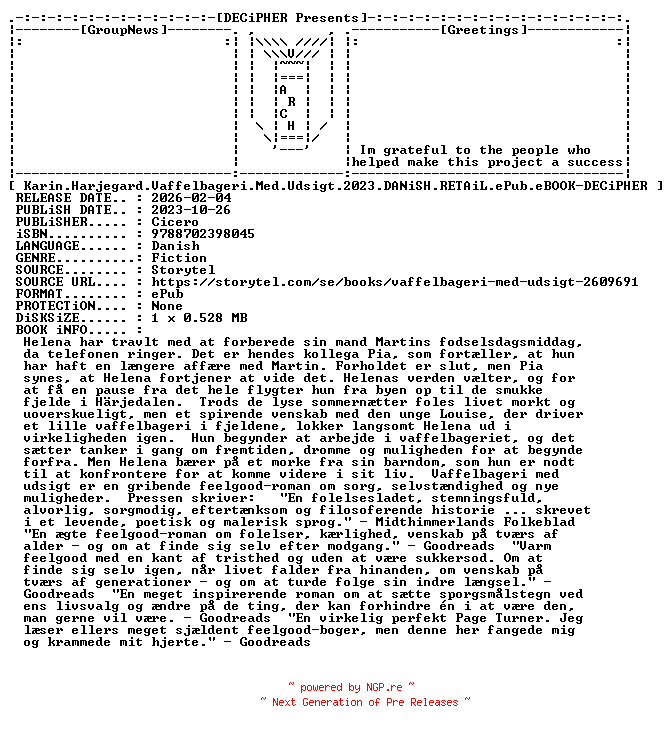 NFO for the release Karin.Harjegard.Vaffelbageri.Med.Udsigt.2023.DANiSH.RETAiL.ePub.eBOOK-DECiPHER by DECiPHER