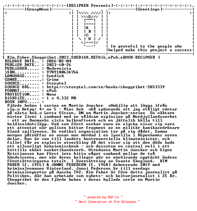 NFO for the release Kim.Faber.Skuggriket.2023.SWEDiSH.RETAiL.ePub.eBOOK-DECiPHER by DECiPHER