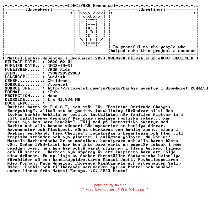 NFO for the release Mattel.Barbie.Aeventyr.I.Dromhuset.2023.SWEDiSH.RETAiL.ePub.eBOOK-DECiPHER by DECiPHER