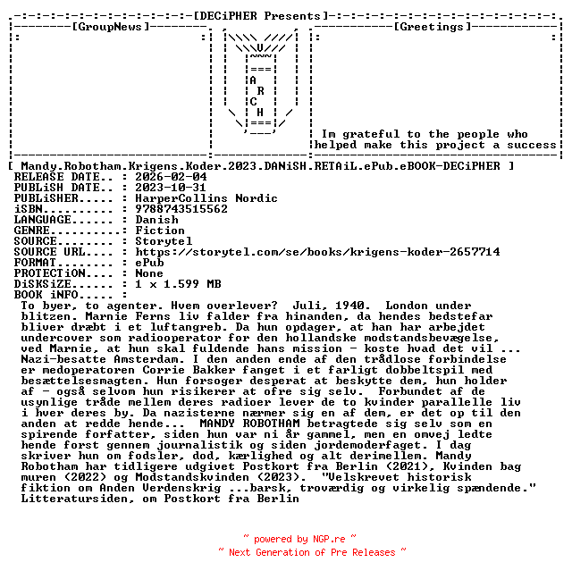 NFO for the release Mandy.Robotham.Krigens.Koder.2023.DANiSH.RETAiL.ePub.eBOOK-DECiPHER by DECiPHER