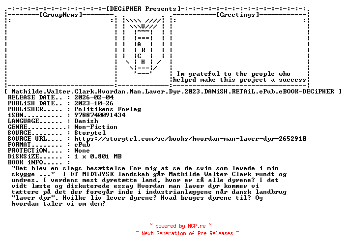 NFO for the release Mathilde.Walter.Clark.Hvordan.Man.Laver.Dyr.2023.DANiSH.RETAiL.ePub.eBOOK-DECiPHER by DECiPHER