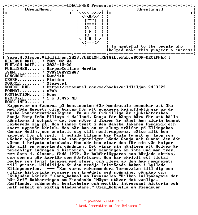 NFO for the release Sara.H.Olsson.Vildliljan.2023.SWEDiSH.RETAiL.ePub.eBOOK-DECiPHER by DECiPHER