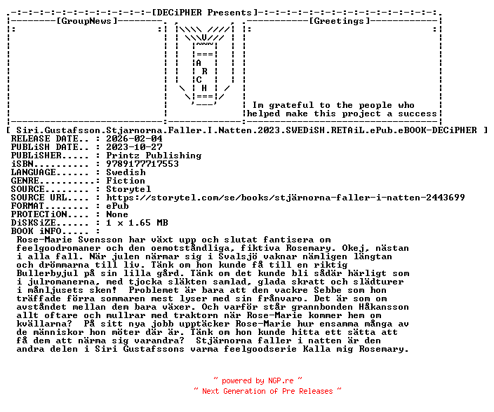 NFO for the release Siri.Gustafsson.Stjarnorna.Faller.I.Natten.2023.SWEDiSH.RETAiL.ePub.eBOOK-DECiPHER by DECiPHER