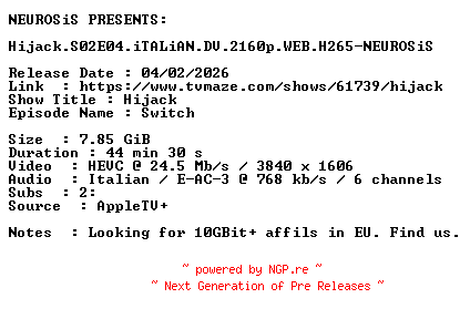 NFO for the release Hijack.S02E04.iTALiAN.DV.2160p.WEB.H265-NEUROSiS by NEUROSiS
