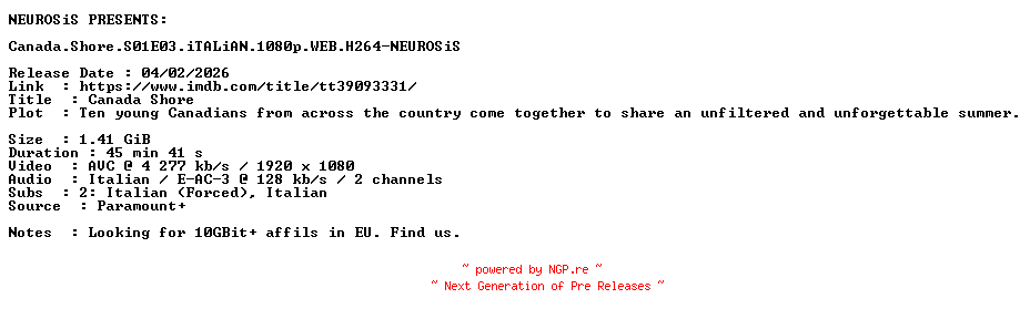 NFO for the release Canada.Shore.S01E03.iTALiAN.1080p.WEB.H264-NEUROSiS by NEUROSiS