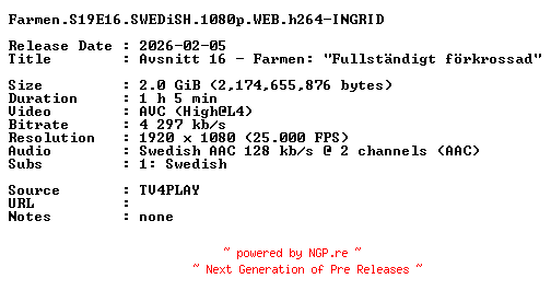 NFO for the release Farmen.S19E16.SWEDiSH.1080p.WEB.h264-INGRID by INGRID