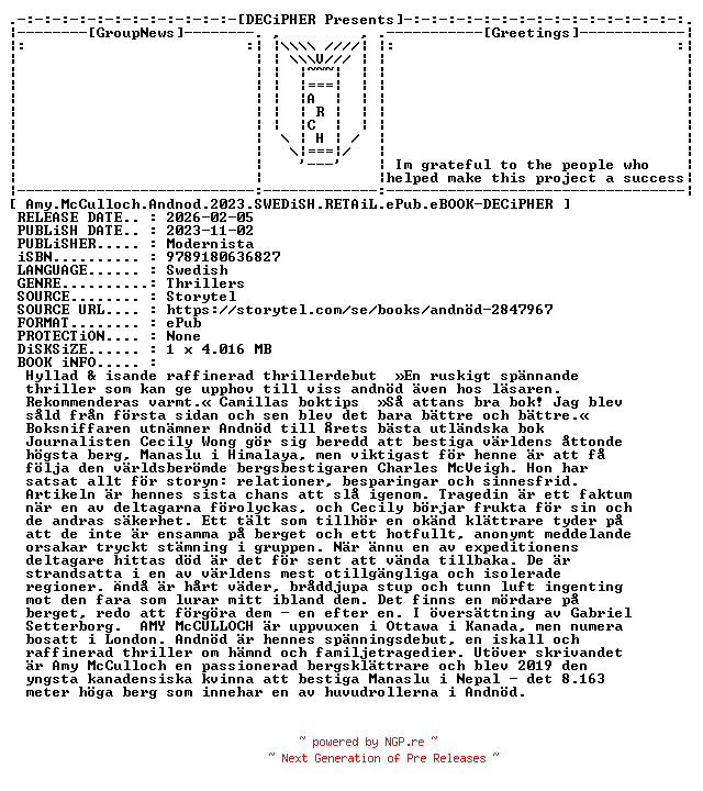 NFO for the release Amy.McCulloch.Andnod.2023.SWEDiSH.RETAiL.ePub.eBOOK-DECiPHER by DECiPHER