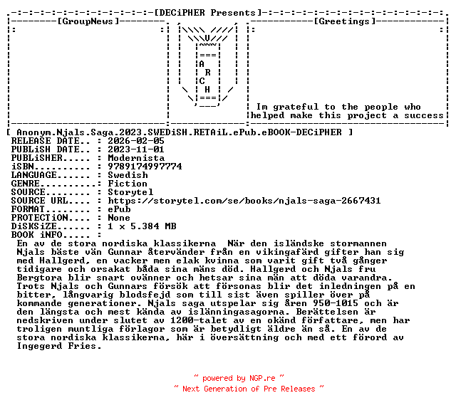 NFO for the release Anonym.Njals.Saga.2023.SWEDiSH.RETAiL.ePub.eBOOK-DECiPHER by DECiPHER