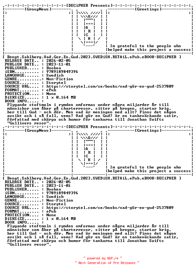 NFO for the release Bengt.Sahlberg.Vad.Gor.En.Gud.2023.SWEDiSH.RETAiL.ePub.eBOOK-DECiPHER by DECiPHER