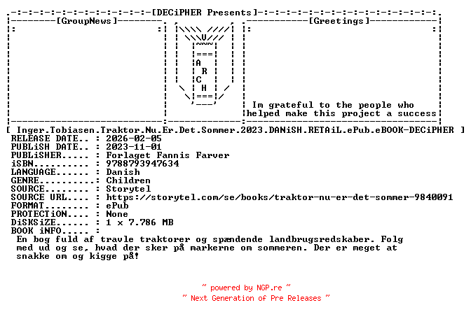 NFO for the release Inger.Tobiasen.Traktor.Nu.Er.Det.Sommer.2023.DANiSH.RETAiL.ePub.eBOOK-DECiPHER by DECiPHER