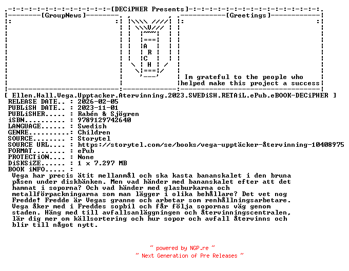 NFO for the release Ellen.Hall.Vega.Upptacker.Atervinning.2023.SWEDiSH.RETAiL.ePub.eBOOK-DECiPHER by DECiPHER