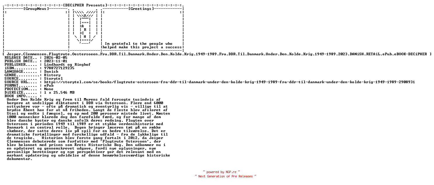 NFO for the release Jesper.Clemmensen.Flugtrute.Oestersoeen.Fra.DDR.Til.Danmark.Under.Den.Kolde.Krig.1949-1989.2023.DANiSH.RETAiL.ePub.eBOOK-DECiPHER by DECiPHER