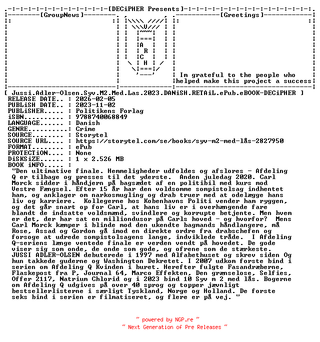 NFO for the release Jussi.Adler.Olsen.Syv.M2.Med.Las.2023.DANiSH.RETAiL.ePub.eBOOK-DECiPHER by DECiPHER