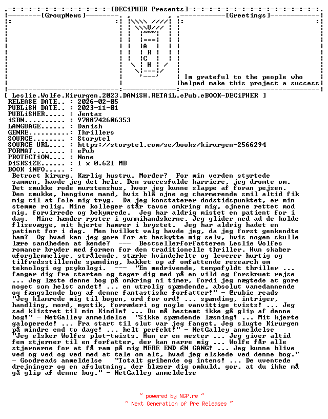 NFO for the release Leslie.Wolfe.Kirurgen.2023.DANiSH.RETAiL.ePub.eBOOK-DECiPHER by DECiPHER