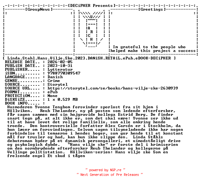 NFO for the release Linda.Stahl.Hans.Vilje.Ske.2023.DANiSH.RETAiL.ePub.eBOOK-DECiPHER by DECiPHER