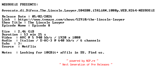 NFO for the release Avvocato.di.Difesa.The.Lincoln.Lawyer.S04E08.iTALiAN.1080p.WEB.H264-NEUROSiS by NEUROSiS