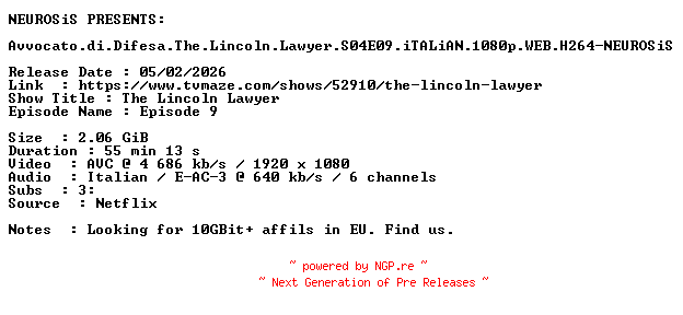 NFO for the release Avvocato.di.Difesa.The.Lincoln.Lawyer.S04E09.iTALiAN.1080p.WEB.H264-NEUROSiS by NEUROSiS