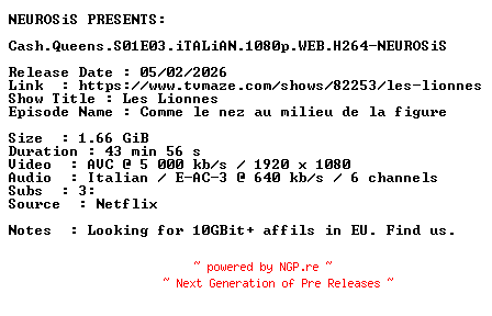NFO for the release Cash.Queens.S01E03.iTALiAN.1080p.WEB.H264-NEUROSiS by NEUROSiS
