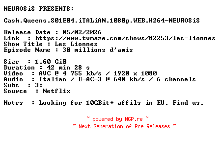 NFO for the release Cash.Queens.S01E04.iTALiAN.1080p.WEB.H264-NEUROSiS by NEUROSiS