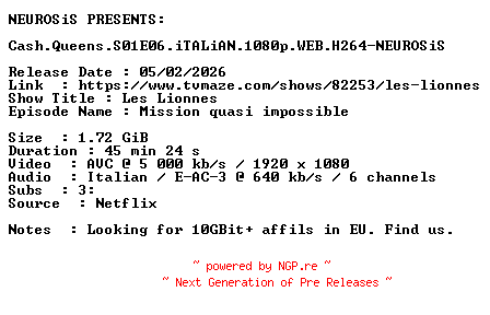 NFO for the release Cash.Queens.S01E06.iTALiAN.1080p.WEB.H264-NEUROSiS by NEUROSiS