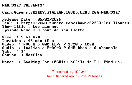 NFO for the release Cash.Queens.S01E07.iTALiAN.1080p.WEB.H264-NEUROSiS by NEUROSiS