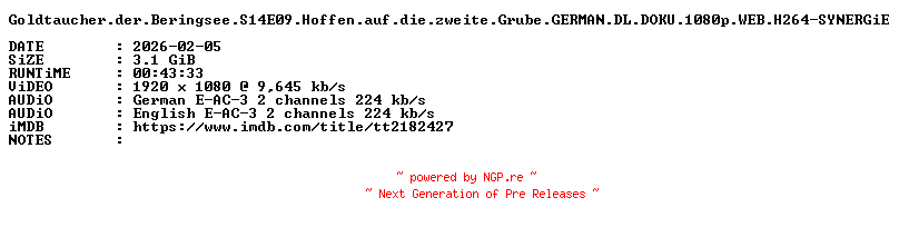 NFO for the release Goldtaucher.der.Beringsee.S14E09.Hoffen.auf.die.zweite.Grube.GERMAN.DL.DOKU.1080p.WEB.H264-SYNERGiE by SYNERGiE