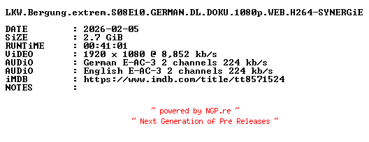 NFO for the release LKW.Bergung.extrem.S08E10.GERMAN.DL.DOKU.1080p.WEB.H264-SYNERGiE by SYNERGiE