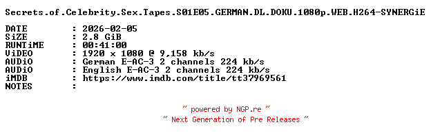 NFO for the release Secrets.of.Celebrity.Sex.Tapes.S01E05.GERMAN.DL.DOKU.1080p.WEB.H264-SYNERGiE by SYNERGiE