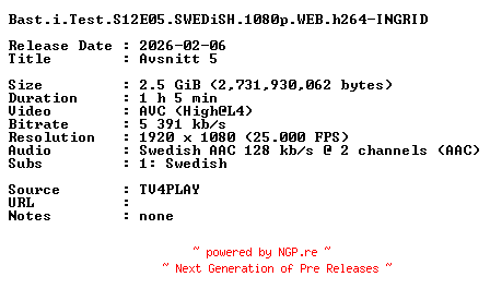 NFO for the release Bast.i.Test.S12E05.SWEDiSH.1080p.WEB.h264-INGRID by INGRID