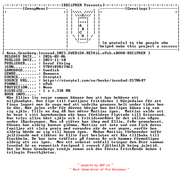 NFO for the release Anna.Granberg.Insnoad.2023.SWEDiSH.RETAiL.ePub.eBOOK-DECiPHER by DECiPHER