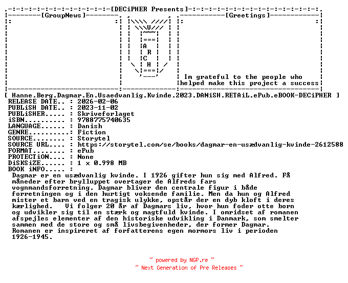 NFO for the release Hanne.Berg.Dagmar.En.Usaedvanlig.Kvinde.2023.DANiSH.RETAiL.ePub.eBOOK-DECiPHER by DECiPHER