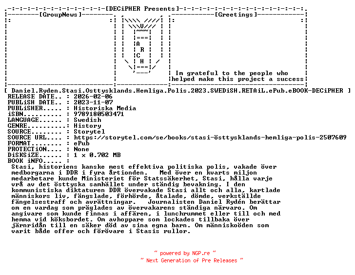 NFO for the release Daniel.Ryden.Stasi.Osttysklands.Hemliga.Polis.2023.SWEDiSH.RETAiL.ePub.eBOOK-DECiPHER by DECiPHER