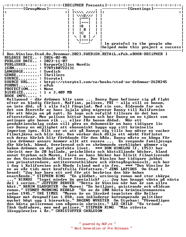 NFO for the release Don.Winslow.Stad.Av.Drommar.2023.SWEDiSH.RETAiL.ePub.eBOOK-DECiPHER by DECiPHER