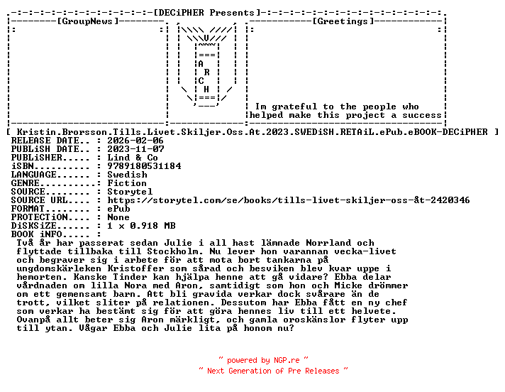 NFO for the release Kristin.Brorsson.Tills.Livet.Skiljer.Oss.At.2023.SWEDiSH.RETAiL.ePub.eBOOK-DECiPHER by DECiPHER