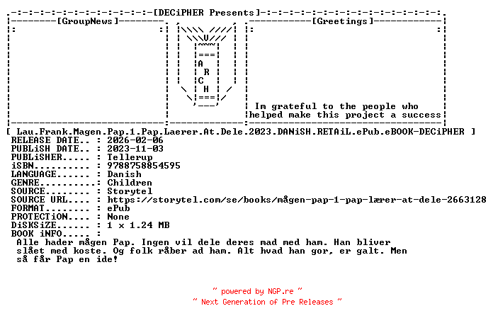 NFO for the release Lau.Frank.Magen.Pap.1.Pap.Laerer.At.Dele.2023.DANiSH.RETAiL.ePub.eBOOK-DECiPHER by DECiPHER