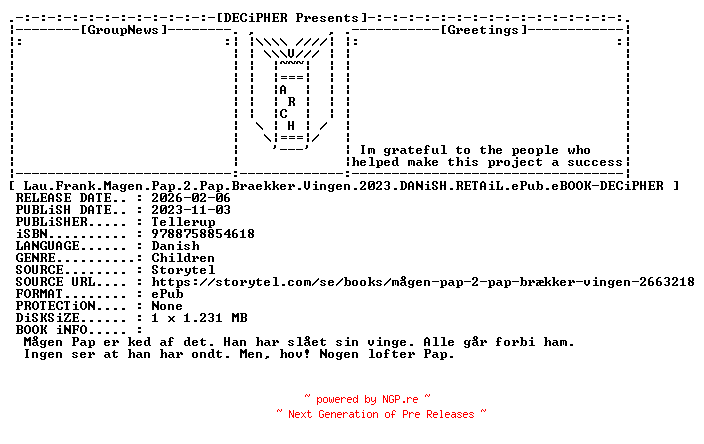 NFO for the release Lau.Frank.Magen.Pap.2.Pap.Braekker.Vingen.2023.DANiSH.RETAiL.ePub.eBOOK-DECiPHER by DECiPHER