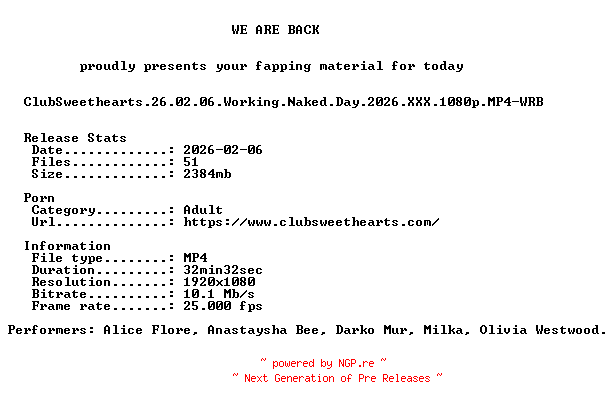 NFO for the release ClubSweethearts.26.02.06.Working.Naked.Day.2026.XXX.1080p.MP4-WRB by WRB