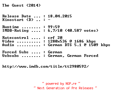 NFO for the release The.Guest.2014.German.720p.BluRay.x264-EXQUiSiTE by EXQUiSiTE