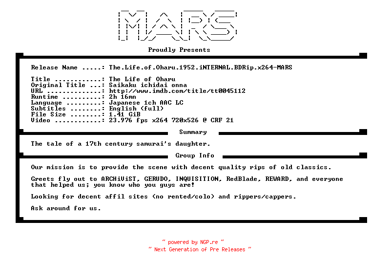 NFO for the release The.Life.of.Oharu.1952.iNTERNAL.BDRip.x264-MARS by MARS