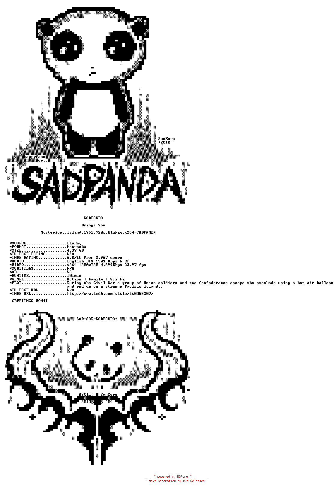 NFO for the release Mysterious.Island.1961.720p.BluRay.x264-SADPANDA by SADPANDA