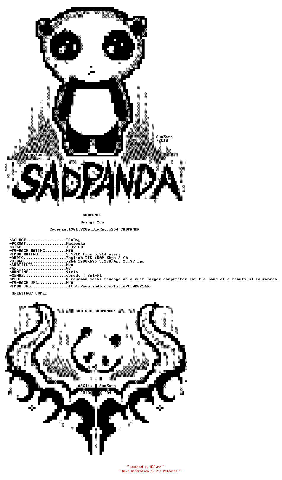 NFO for the release Caveman.1981.720p.BluRay.x264-SADPANDA by SADPANDA