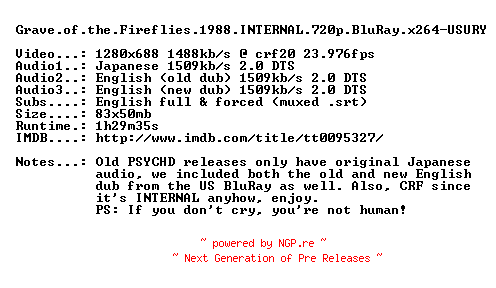 NFO for the release Grave.of.the.Fireflies.1988.INTERNAL.720p.BluRay.x264-USURY by USURY
