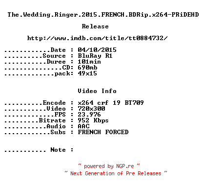 NFO for the release The.Wedding.Ringer.2015.FRENCH.BDRip.x264-PRiDEHD by PRiDEHD