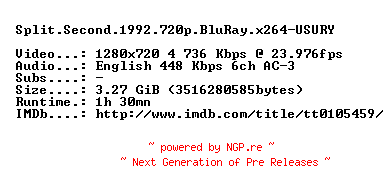 NFO for the release Split.Second.1992.720p.BluRay.x264-USURY by USURY