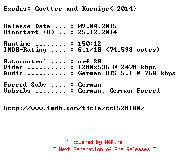 NFO for the release Exodus.Goetter.und.Koenige.German.720p.BluRay.x264-EXQUiSiTE by EXQUiSiTE